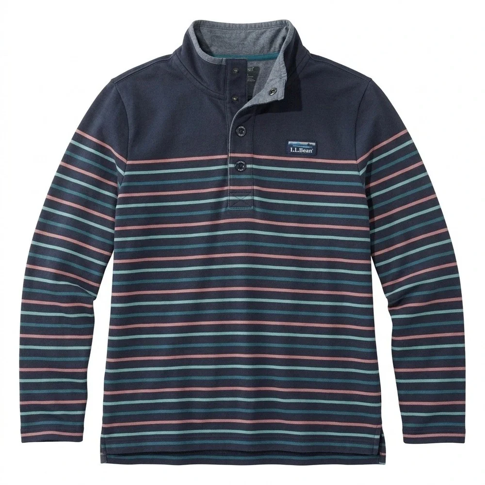 LL Bean Mens Small Striped Quarter Button Pullover Mock Neck Navy Blue Teal Pink